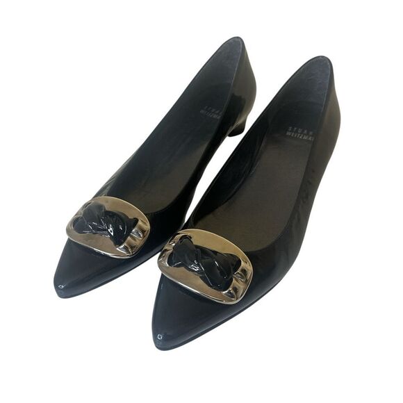 STUART WEITZMAN Black Patent Leather Shoes with Silver Buckle - Picture 1 of 11
